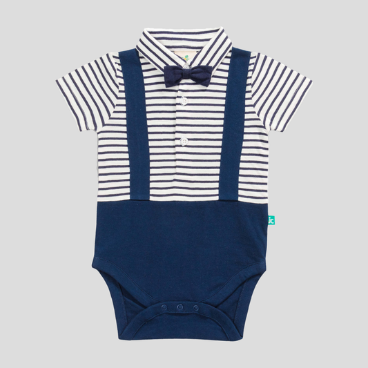 Navy Suspender Bodysuit with Bow Tie
