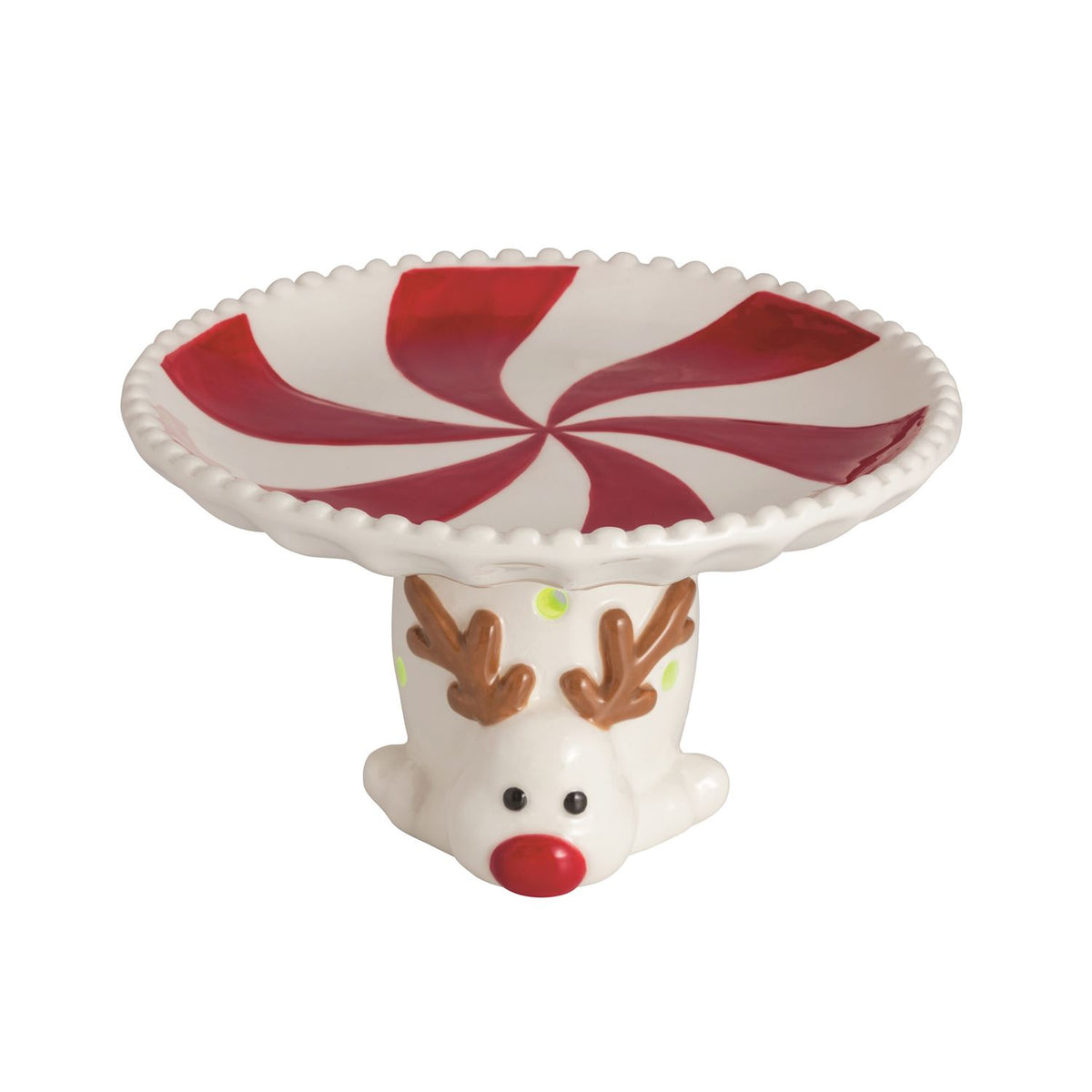 Reindeer Light-Up Peppermint Candy Pedestal Dish, A white ceramic pedestal dish painted with a red and white peppermint swirl and a beaded rim, standing on a reindeer head base with brown antlers and a red nose.