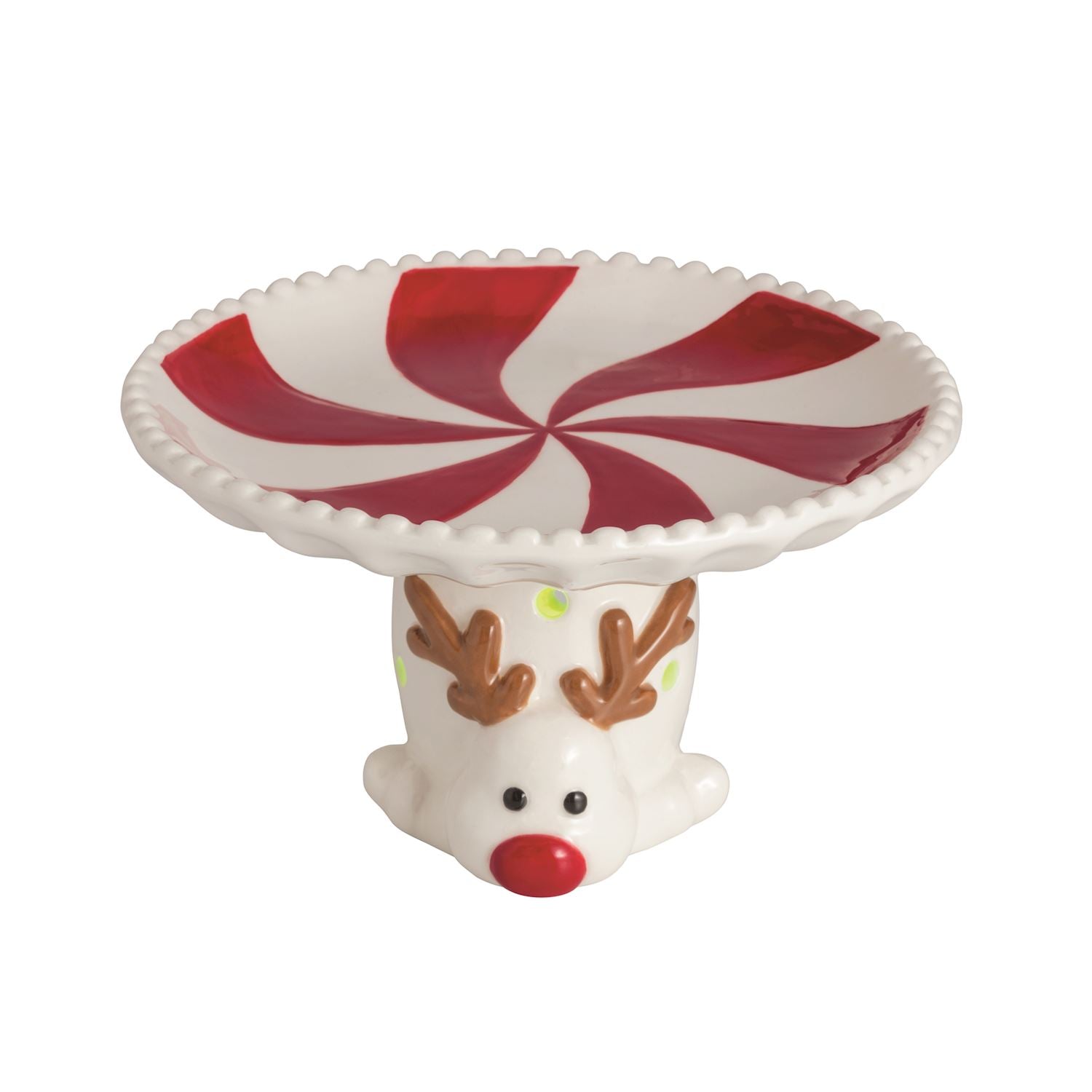 Reindeer Light-Up Peppermint Candy Pedestal Dish, A white ceramic pedestal dish painted with a red and white peppermint swirl and a beaded rim, standing on a reindeer head base with brown antlers and a red nose.