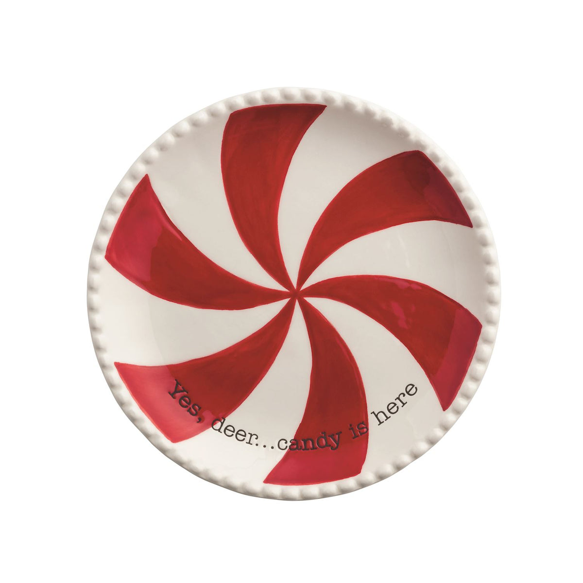 Reindeer Light-Up Peppermint Candy Pedestal Dish, A white ceramic pedestal dish painted with a red and white peppermint swirl and a beaded rim, standing on a reindeer head base with brown antlers and a red nose.