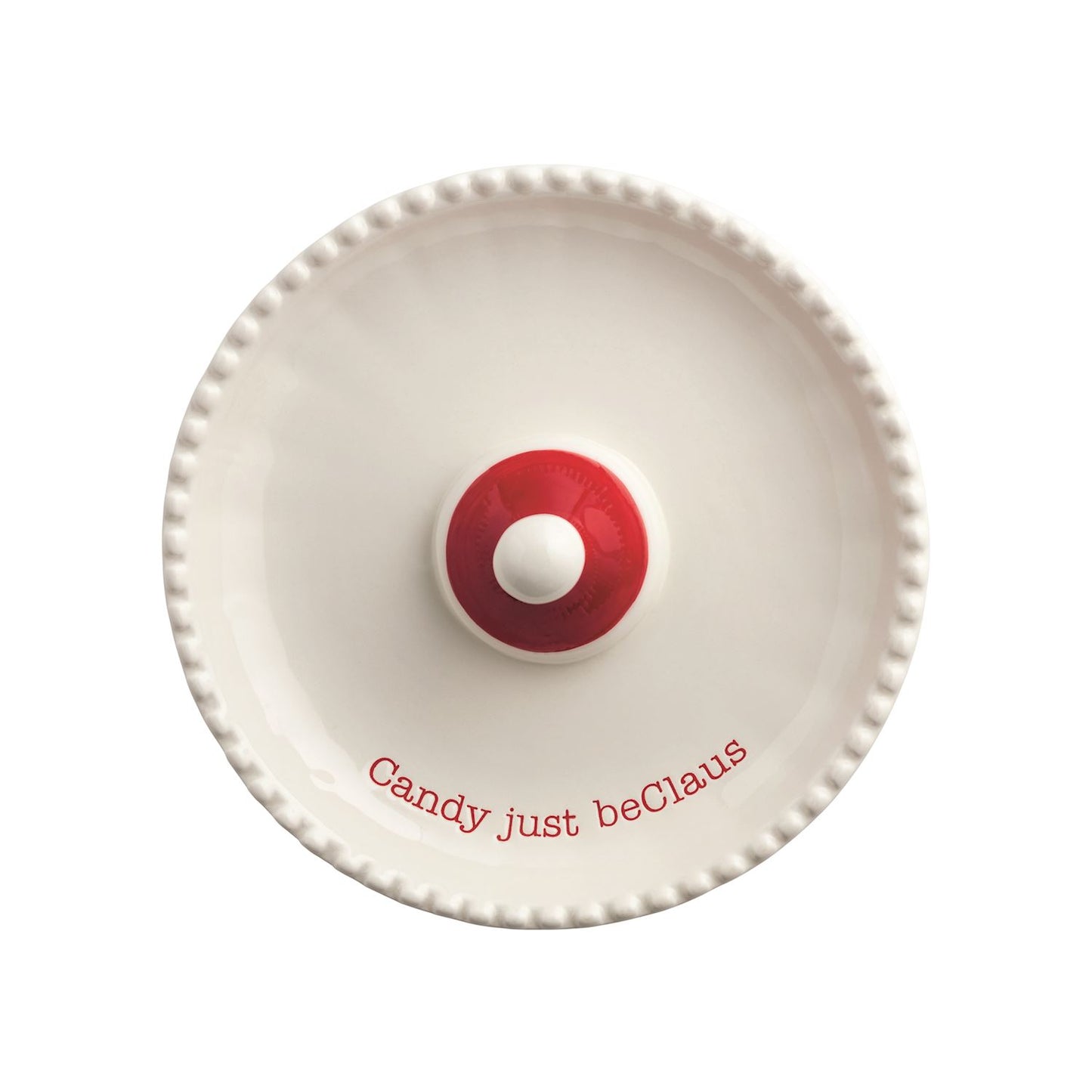 Santa Light-Up Candy Pedestal Dish, 5.5 Inch, A white ceramic pedestal dish with a beaded rim and a small red Santa hat at its center, resting on a base shaped like a Santa face with a red nose and molded moustache.