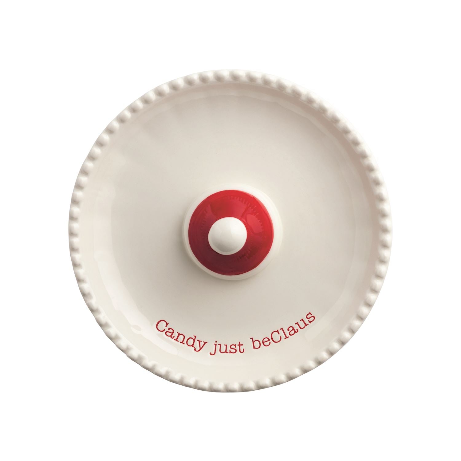 Santa Light-Up Candy Pedestal Dish, 5.5 Inch, A white ceramic pedestal dish with a beaded rim and a small red Santa hat at its center, resting on a base shaped like a Santa face with a red nose and molded moustache.