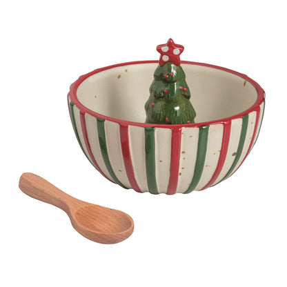 Christmas Tree Striped Candy Dish Set with Wooden Spoon, A cream stoneware bowl with vertical red and green stripes and a red rim, a dimensional Christmas tree with a red star rising from inside it, shown with a wooden spoon.