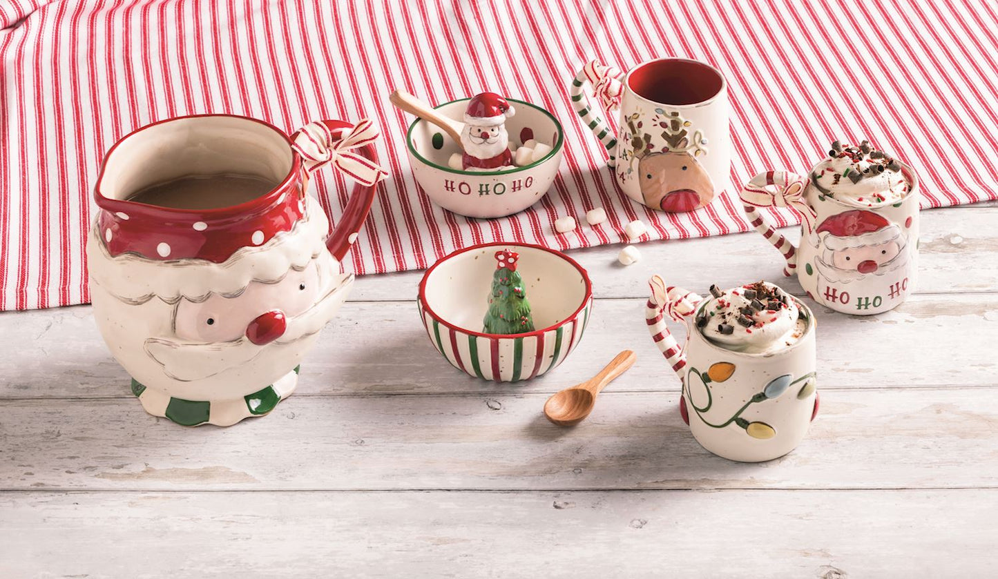 Christmas Tree Striped Candy Dish Set with Wooden Spoon, A cream stoneware bowl with vertical red and green stripes and a red rim, a dimensional Christmas tree with a red star rising from inside it, shown with a wooden spoon.