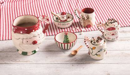 Christmas Tree Striped Candy Dish Set with Wooden Spoon, A cream stoneware bowl with vertical red and green stripes and a red rim, a dimensional Christmas tree with a red star rising from inside it, shown with a wooden spoon.