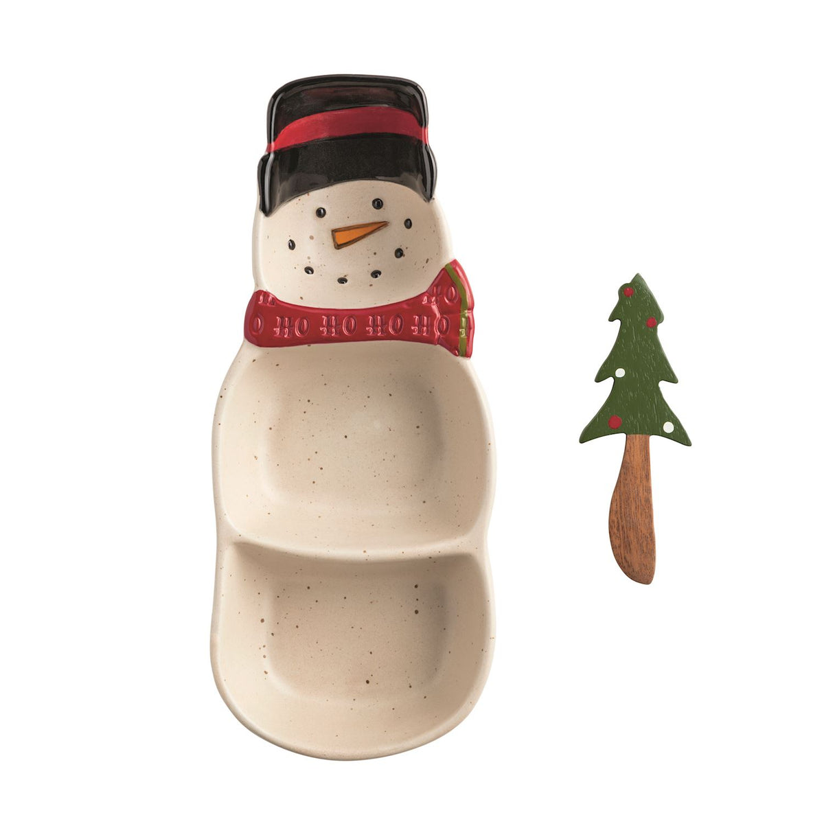 Snowman Tidbit Dish with Tree Spreader, A divided stoneware serving dish shaped like a snowman with a red HO HO HO scarf and black top hat, paired with a wooden spreader topped with a painted Christmas tree.