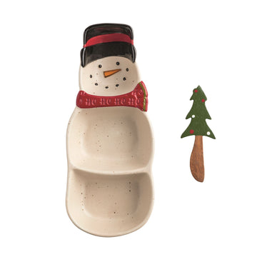 Snowman Tidbit Dish with Tree Spreader, A divided stoneware serving dish shaped like a snowman with a red HO HO HO scarf and black top hat, paired with a wooden spreader topped with a painted Christmas tree.