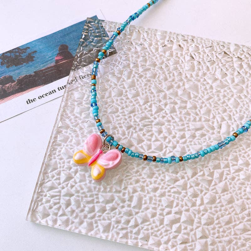 Cute Children’s Butterfly Heart Clavicle Necklace Dopamine Girl Jewelry: Blue / Average Size (0-12Y）