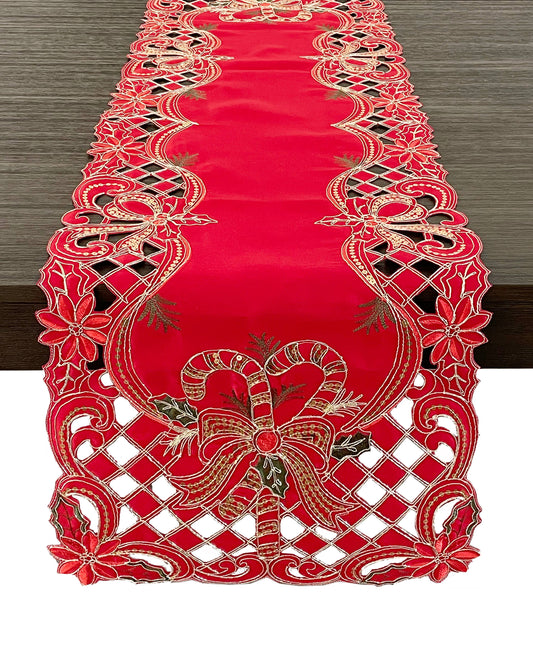 Holly Bow Christmas Design Red Table Runner