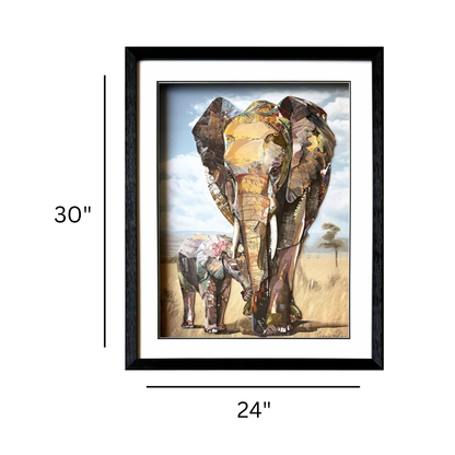 Arte de collage 3D | Elefantes (76 cm x 61 cm)