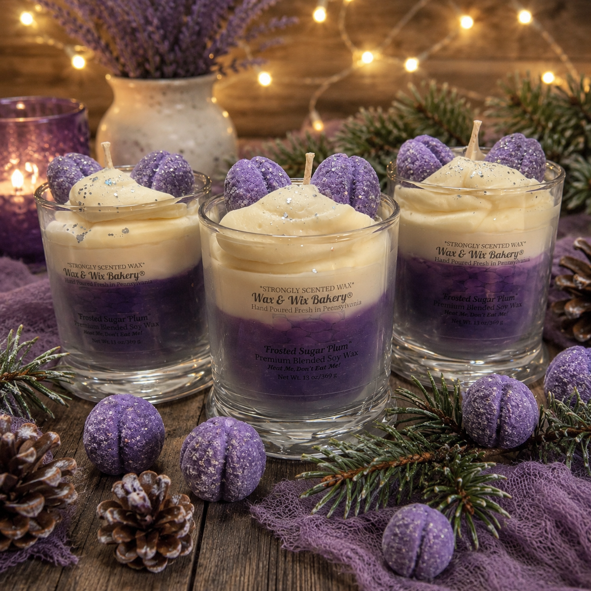 Frosted Sugar Plum Candle. 13oz. Large Soy Dessert Candle