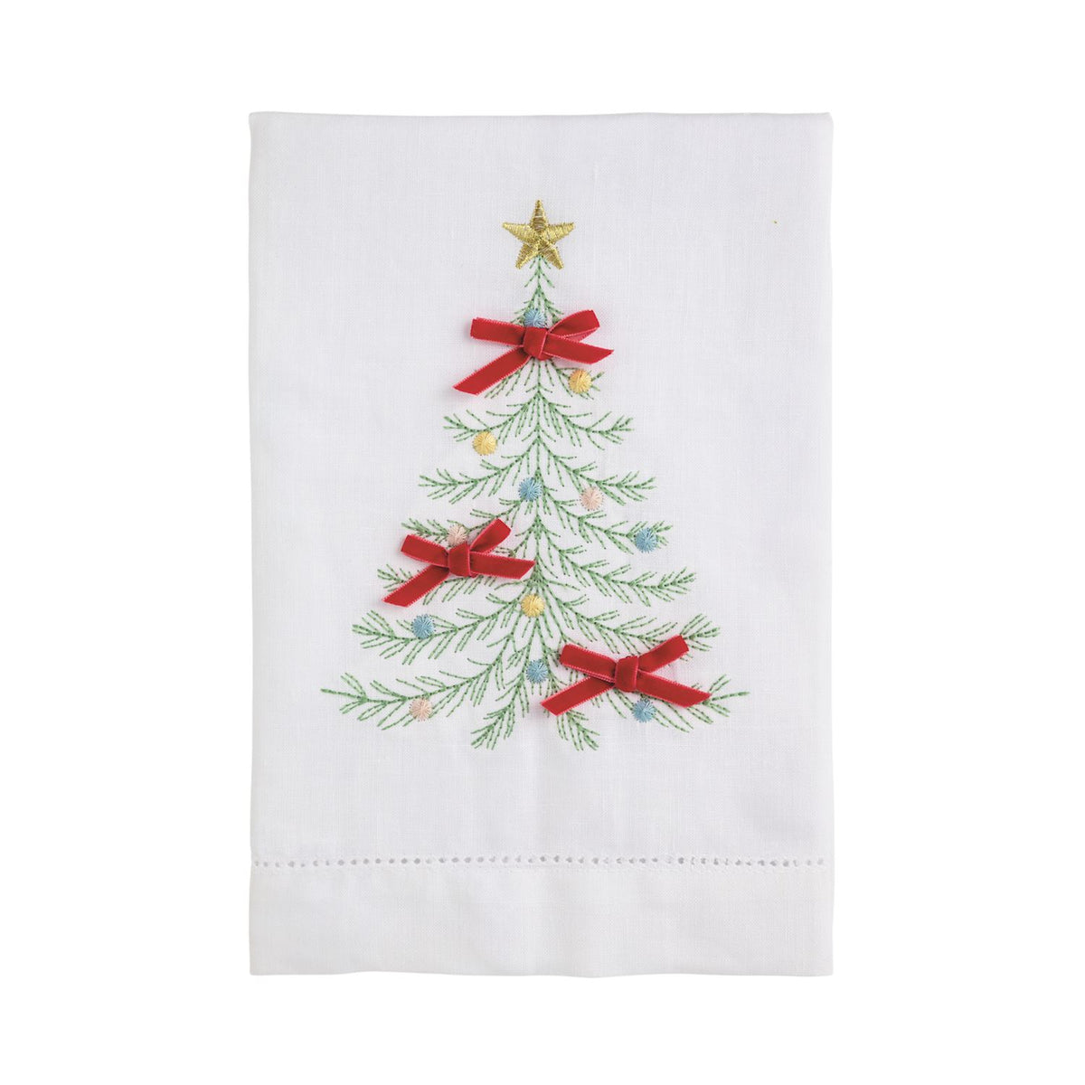 Christmas Tree and Velvet Bow Embroidered Hand Towel, A white hand towel embroidered with a green Christmas tree, a gold star topper, pastel knot ornaments and three red velvet bows, above an open hemstitch border.