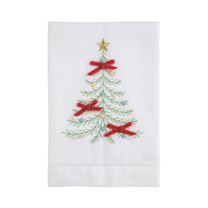Christmas Tree and Velvet Bow Embroidered Hand Towel, A white hand towel embroidered with a green Christmas tree, a gold star topper, pastel knot ornaments and three red velvet bows, above an open hemstitch border.