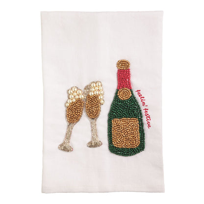 Feelin' Festive Beaded Champagne Hand Towel, A cream cotton hand towel beaded with a green champagne bottle with a gold label and two flutes with pearl bubbles, with feelin' festive embroidered in red script.