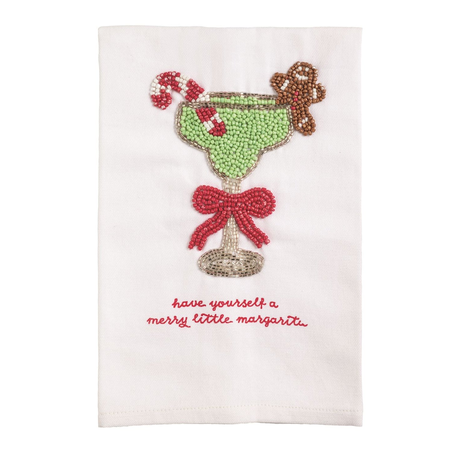 Merry Little Margarita Beaded Hand Towel, White cotton hand towel with a beaded margarita glass in pale green and silver, a red beaded bow on the stem, a candy cane and a gingerbread man, and red embroidered script reading have yourself a merry little margarita.