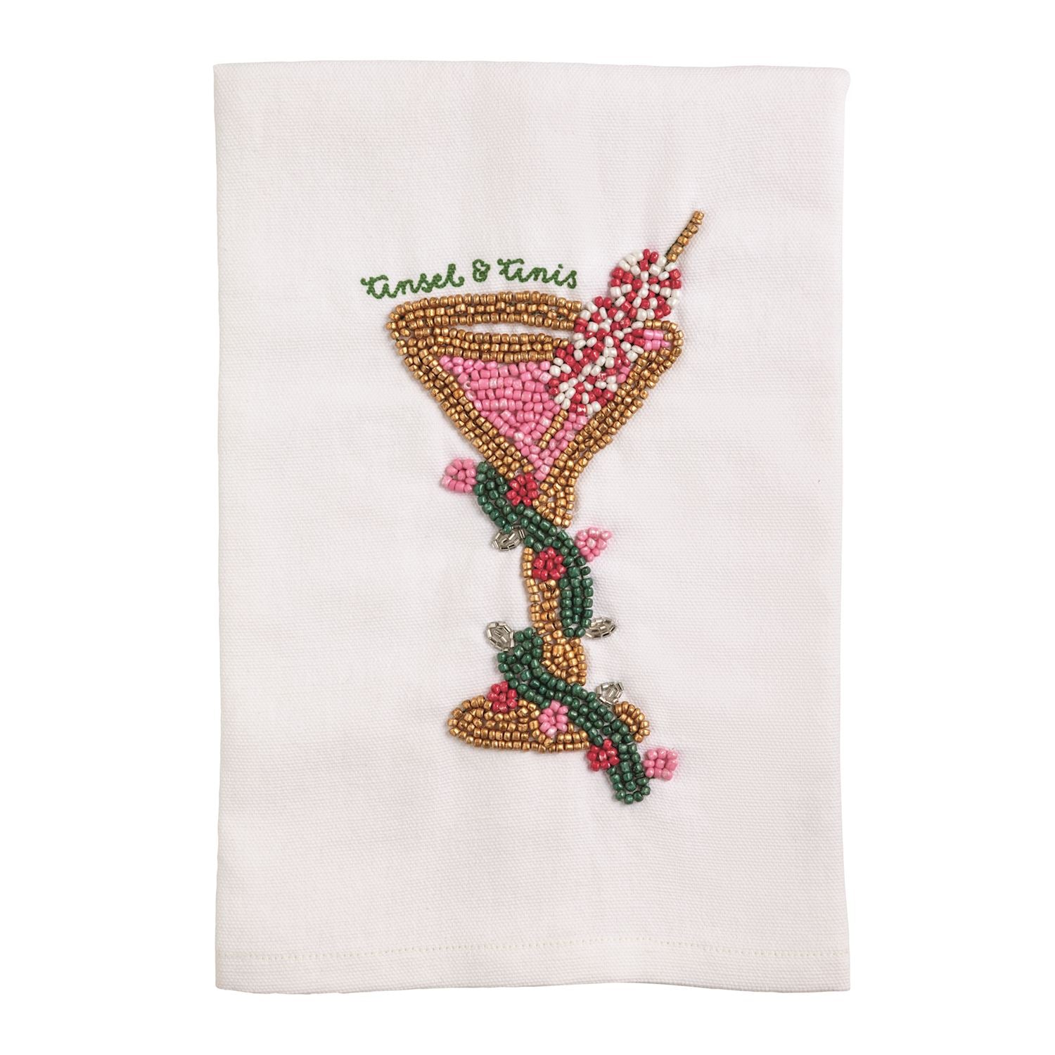 Tinsel and Tinis Beaded Cocktail Hand Towel, A folded cream cotton hand towel with a martini glass worked in gold, pink, green and red seed beads and the words tinsel and tinis stitched above it in green script.