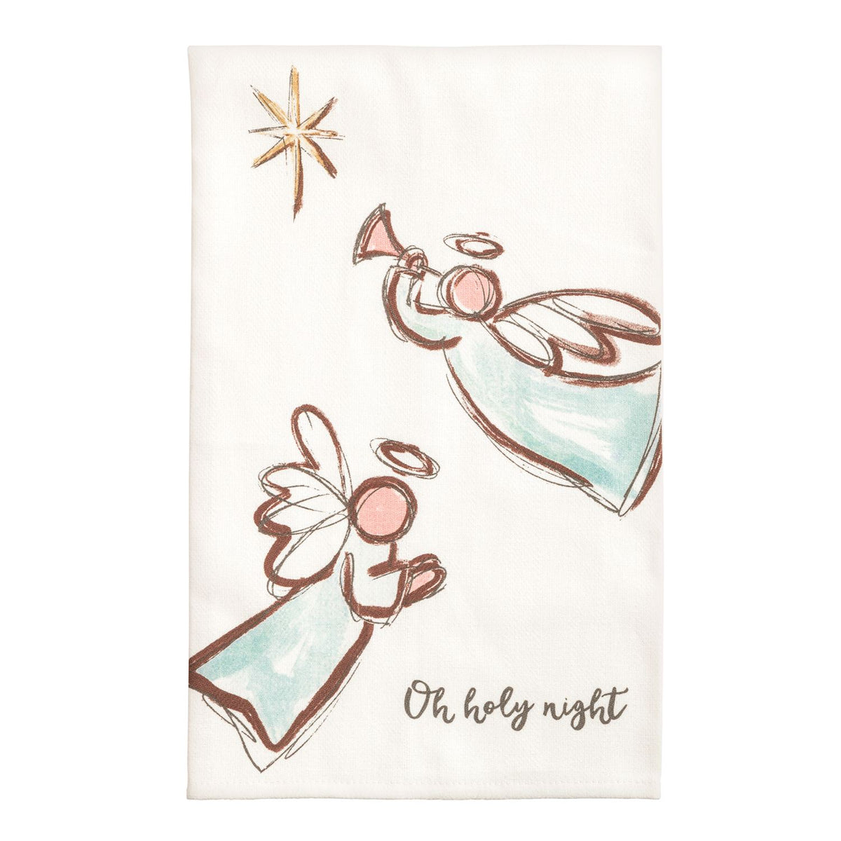 Oh Holy Night Angels Cotton Poplin Hand Towel, A white cotton towel printed with two sketched angels in pale aqua robes beneath a gold star, with Oh holy night lettered in the lower corner.