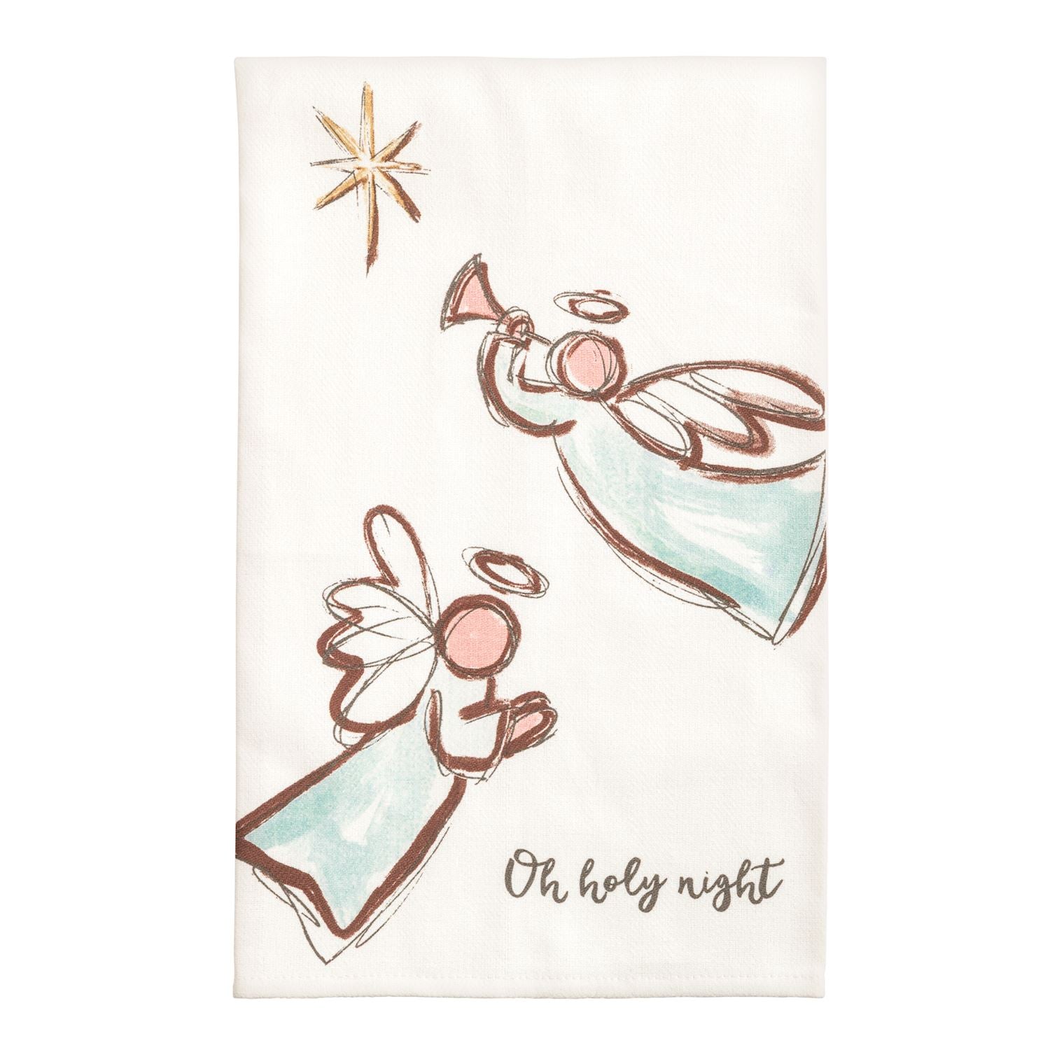 Oh Holy Night Angels Cotton Poplin Hand Towel, A white cotton towel printed with two sketched angels in pale aqua robes beneath a gold star, with Oh holy night lettered in the lower corner.