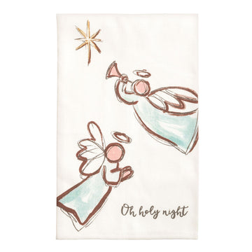 Oh Holy Night Angels Cotton Poplin Hand Towel, A white cotton towel printed with two sketched angels in pale aqua robes beneath a gold star, with Oh holy night lettered in the lower corner.