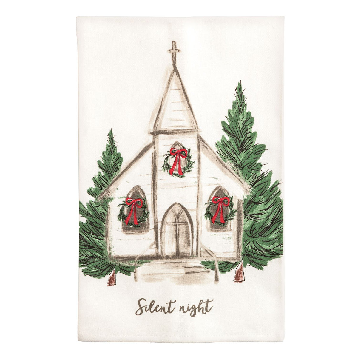 Silent Night Church Poplin Hand Towel, A white cotton poplin hand towel printed with a painted country church between two evergreens, three wreaths with red bows, and the words Silent night in script.