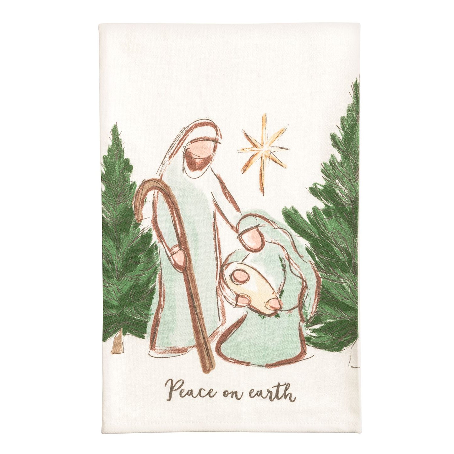 Mary Nativity Poplin Hand Towel, Cream hand towel printed with a sketched Holy Family in pale green robes under a gold star, pine trees on both sides, and Peace on earth written below in script.