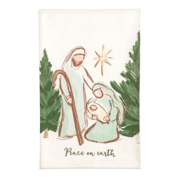 Mary Nativity Poplin Hand Towel, Cream hand towel printed with a sketched Holy Family in pale green robes under a gold star, pine trees on both sides, and Peace on earth written below in script.