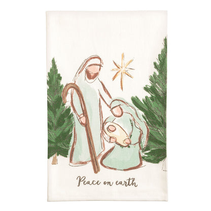 Mary Nativity Poplin Hand Towel, Cream hand towel printed with a sketched Holy Family in pale green robes under a gold star, pine trees on both sides, and Peace on earth written below in script.