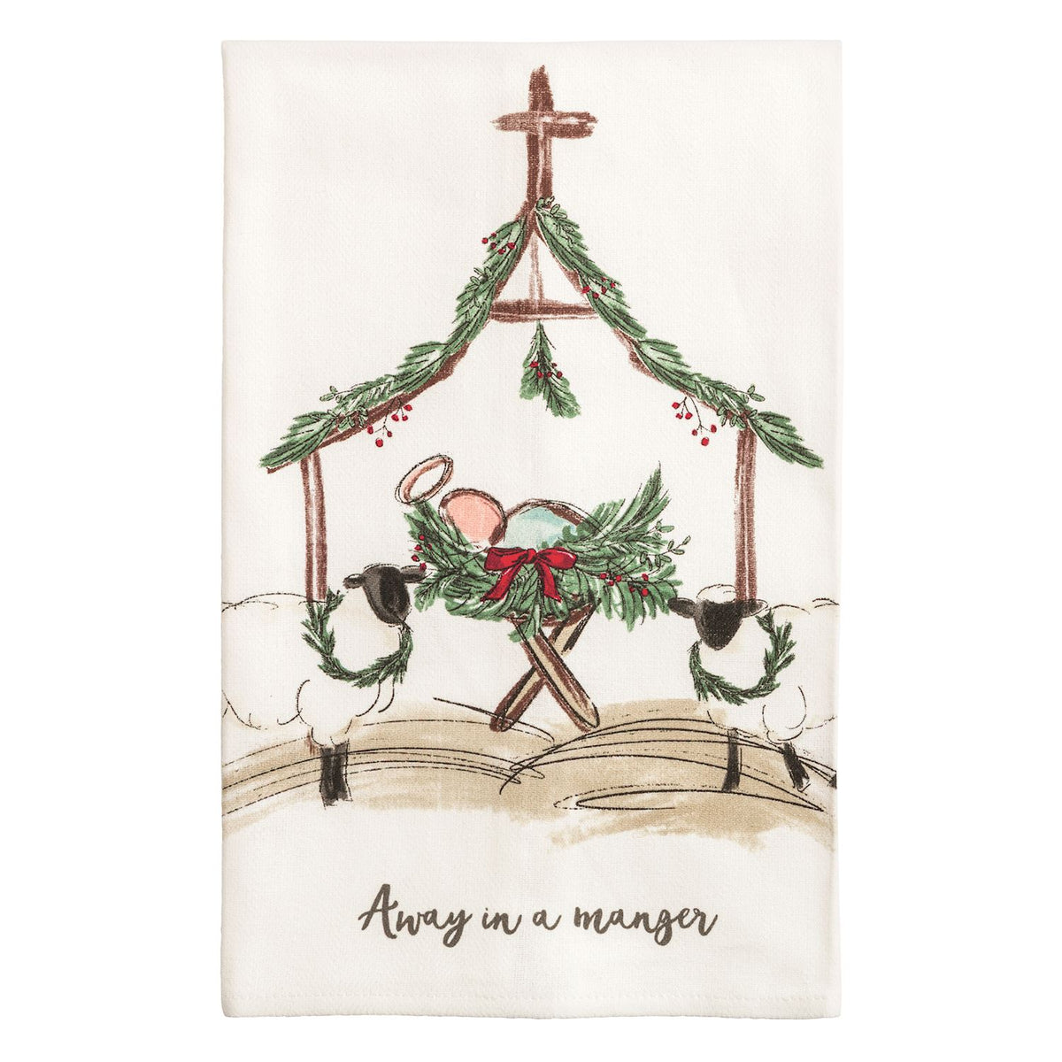 Away in a Manger Nativity Poplin Hand Towel, Cream hand towel printed with a wooden stable draped in pine, the Christ child asleep in a greenery manger with a red bow, two sheep beside it, and Away in a manger written below.