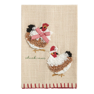 Christmas Chicken Embroidered Farm Hand Towel, An oatmeal slub hand towel embroidered with two looped-yarn hens, one in a red gingham bow and one in a Santa hat, the word chick-mas in green script and a red stitched hem.