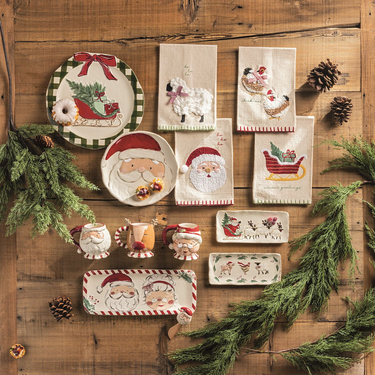 Christmas Chicken Embroidered Farm Hand Towel, An oatmeal slub hand towel embroidered with two looped-yarn hens, one in a red gingham bow and one in a Santa hat, the word chick-mas in green script and a red stitched hem.