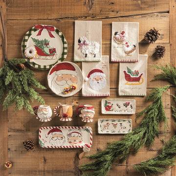 Christmas Chicken Embroidered Farm Hand Towel, An oatmeal slub hand towel embroidered with two looped-yarn hens, one in a red gingham bow and one in a Santa hat, the word chick-mas in green script and a red stitched hem.