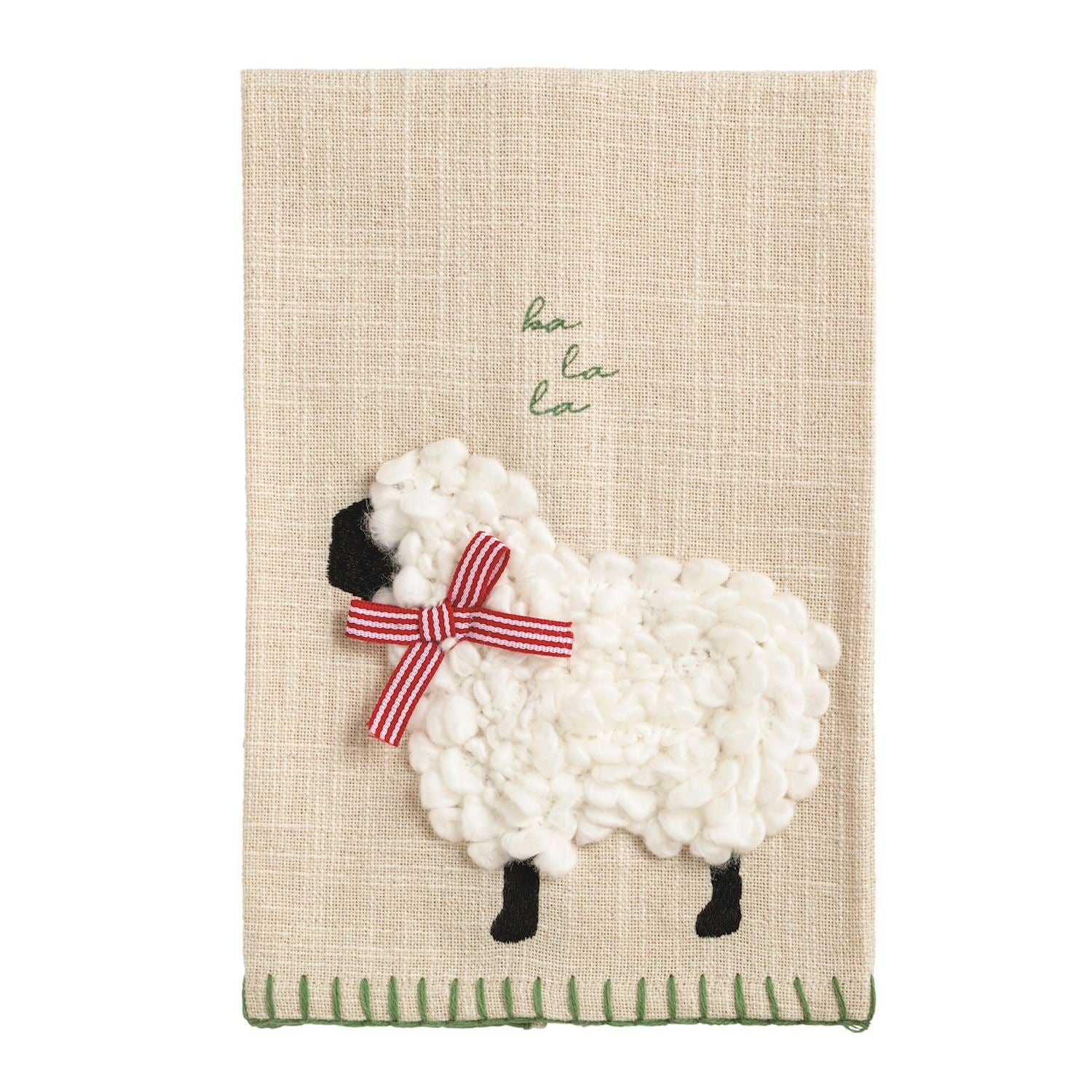 Christmas Sheep Embroidered Farm Hand Towel, An oatmeal slub hand towel with a sheep worked in looped white yarn, a black face and legs, a red and white striped ribbon bow, baa la la in green script and a green whipstitched hem.