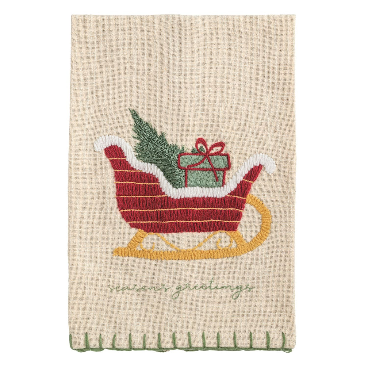 Season's Greetings Sleigh Embroidered Hand Towel, A natural cream cotton hand towel embroidered with a red sleigh on gold runners carrying a green tree and a wrapped gift, with season's greetings stitched in green below and a green stitched hem.