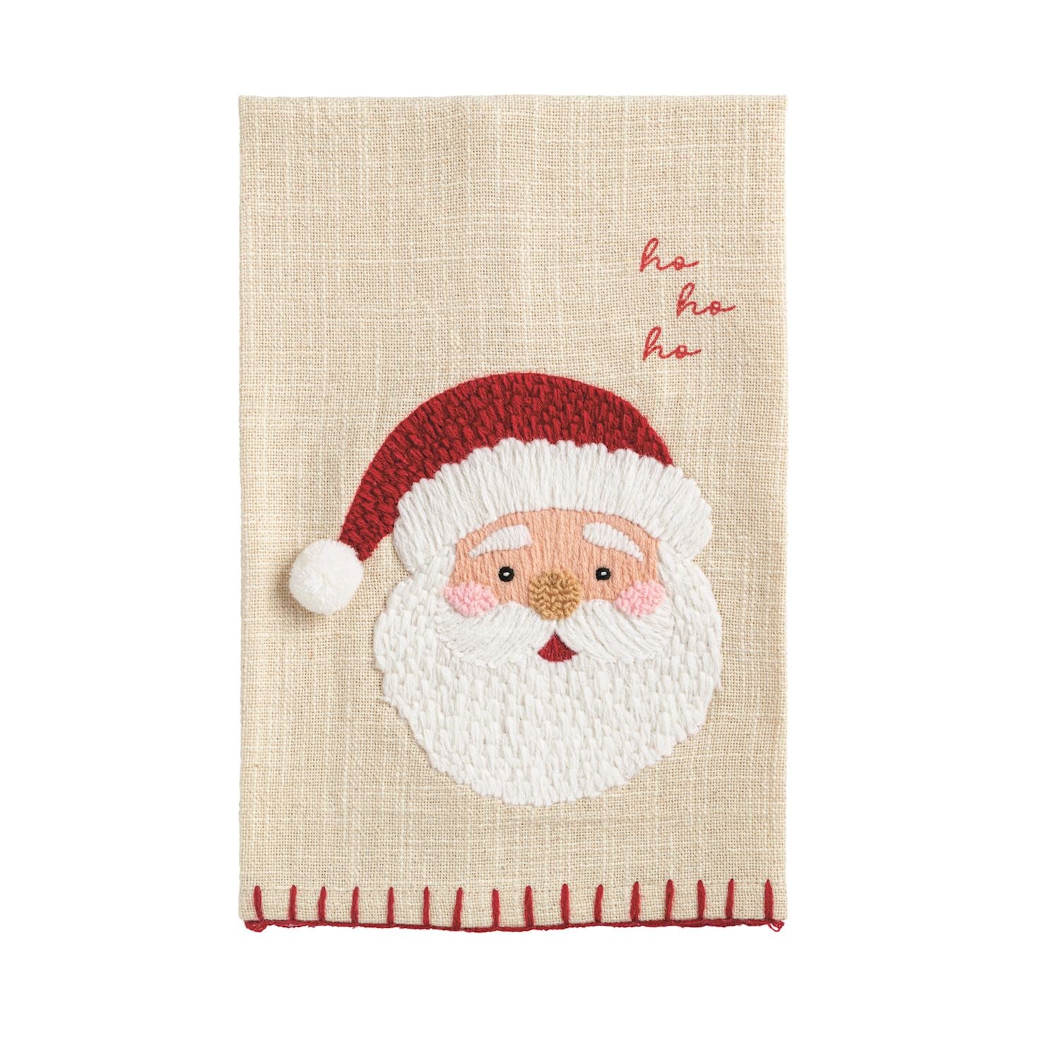 Embroidered Santa Cotton Hand Towel, 21 x 14 Inch, A natural cream cotton hand towel embroidered with a Santa face in a red hat with a white pom, ho ho ho stitched in red above, and red stitching along the bottom hem.
