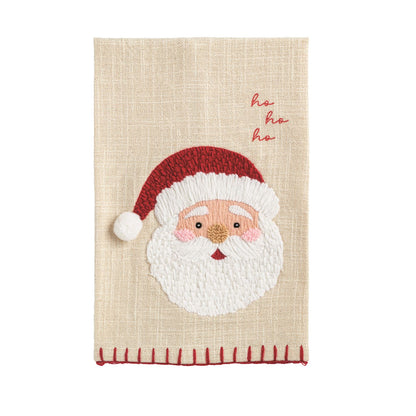 Embroidered Santa Cotton Hand Towel, 21 x 14 Inch, A natural cream cotton hand towel embroidered with a Santa face in a red hat with a white pom, ho ho ho stitched in red above, and red stitching along the bottom hem.