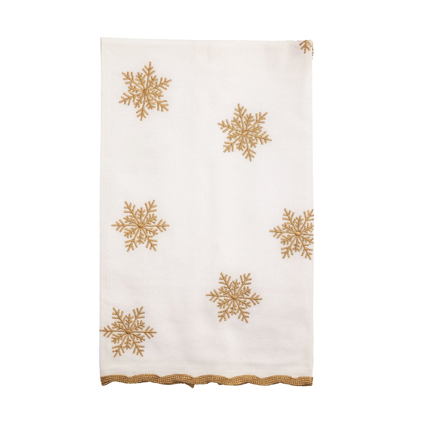 Gold Snowflake Embroidered Christmas Hand Towel, A folded white cotton hand towel embroidered with six gold six-armed snowflakes and trimmed at the bottom with gold ric-rac.