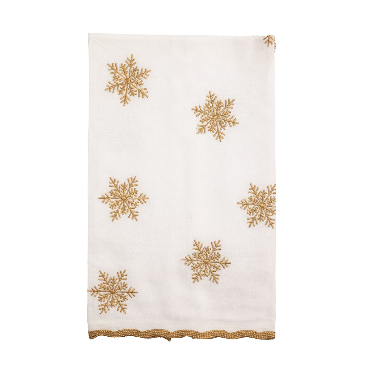 Gold Snowflake Embroidered Christmas Hand Towel, A folded white cotton hand towel embroidered with six gold six-armed snowflakes and trimmed at the bottom with gold ric-rac.