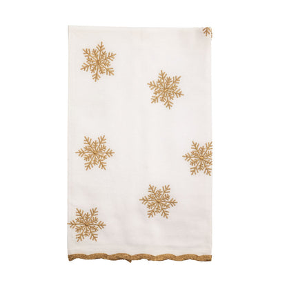 Gold Snowflake Embroidered Christmas Hand Towel, A folded white cotton hand towel embroidered with six gold six-armed snowflakes and trimmed at the bottom with gold ric-rac.