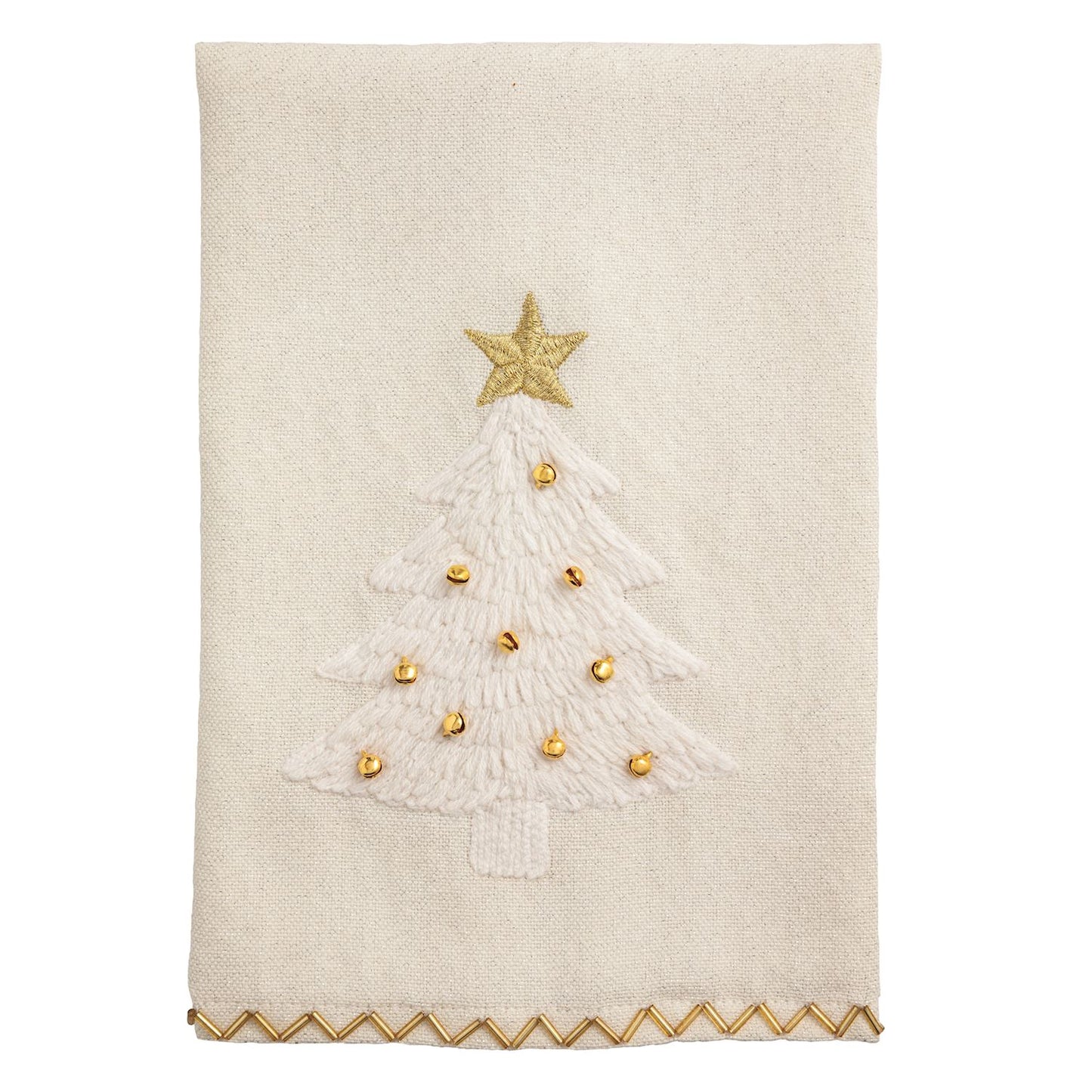 Embroidered Christmas Tree Towel with Gold Bell Beads, A cream woven towel with a white embroidered Christmas tree, a gold star at the top, small gold bells and a gold zig-zag stitched hem.