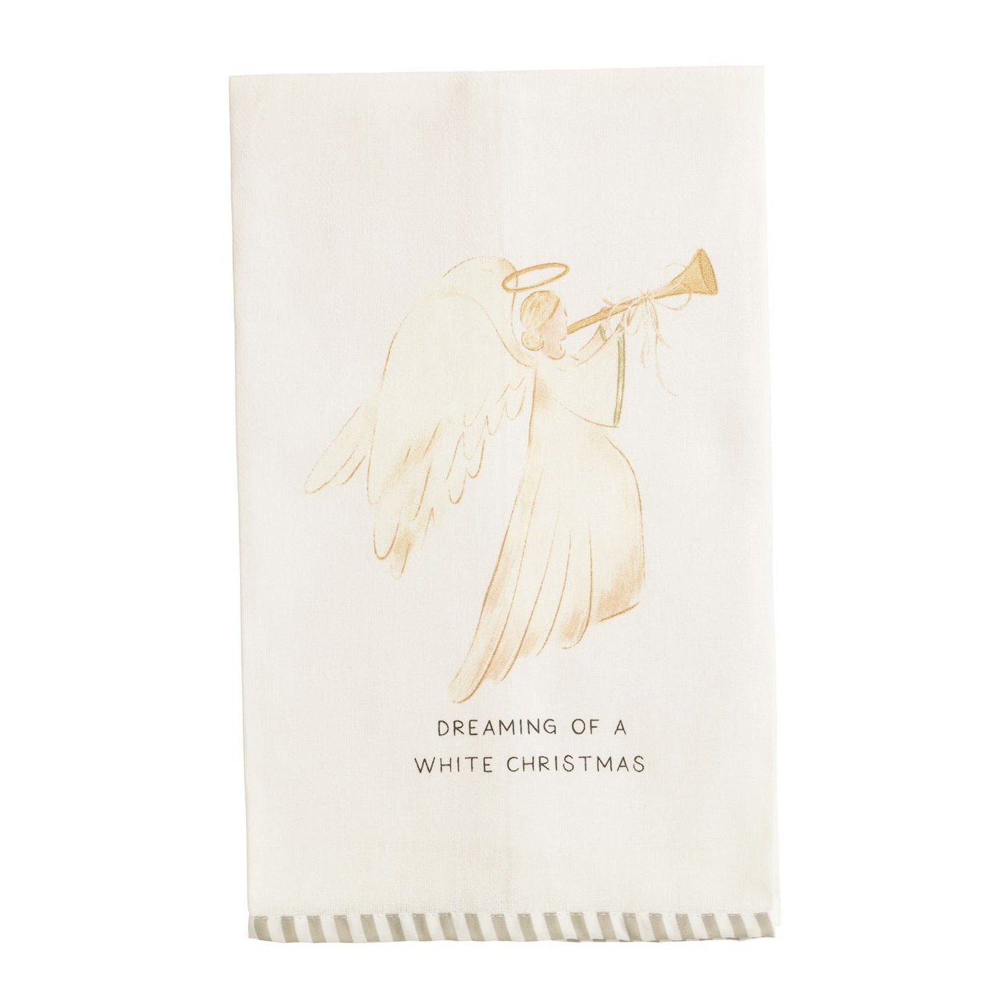 Dreaming of a White Christmas Angel Hand Towel, A cream cotton hand towel printed with a gold watercolor angel blowing a trumpet above the words Dreaming of a White Christmas, with a sage and cream striped hem.