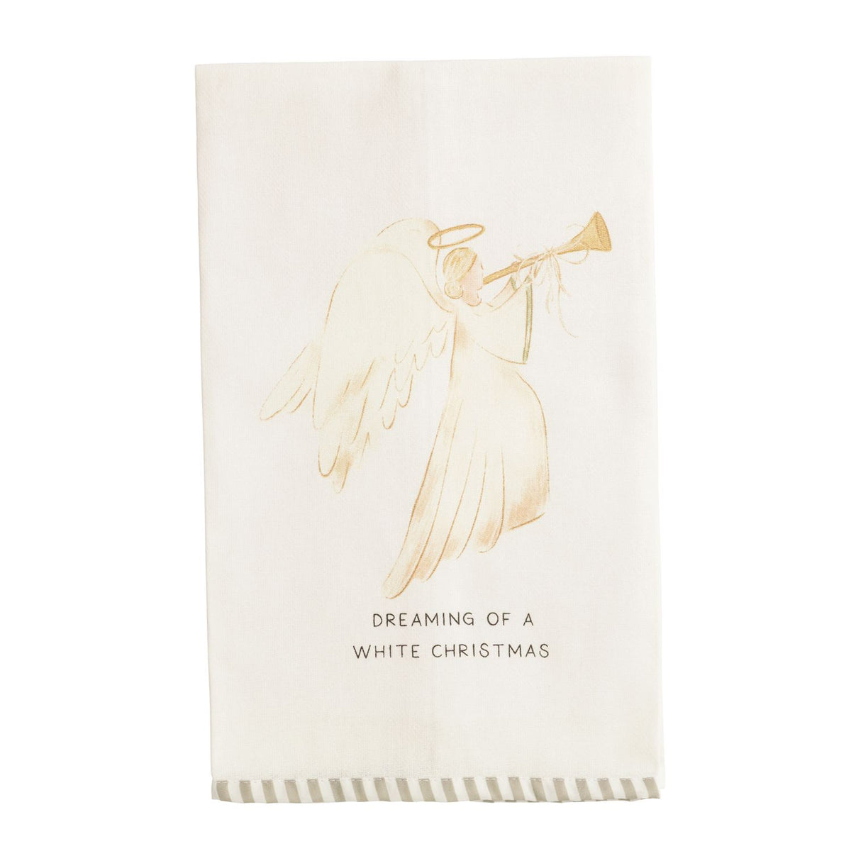Dreaming of a White Christmas Angel Hand Towel, A cream cotton hand towel printed with a gold watercolor angel blowing a trumpet above the words Dreaming of a White Christmas, with a sage and cream striped hem.