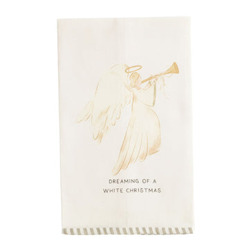 Dreaming of a White Christmas Angel Hand Towel, A cream cotton hand towel printed with a gold watercolor angel blowing a trumpet above the words Dreaming of a White Christmas, with a sage and cream striped hem.