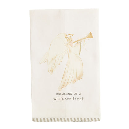 Dreaming of a White Christmas Angel Hand Towel, A cream cotton hand towel printed with a gold watercolor angel blowing a trumpet above the words Dreaming of a White Christmas, with a sage and cream striped hem.