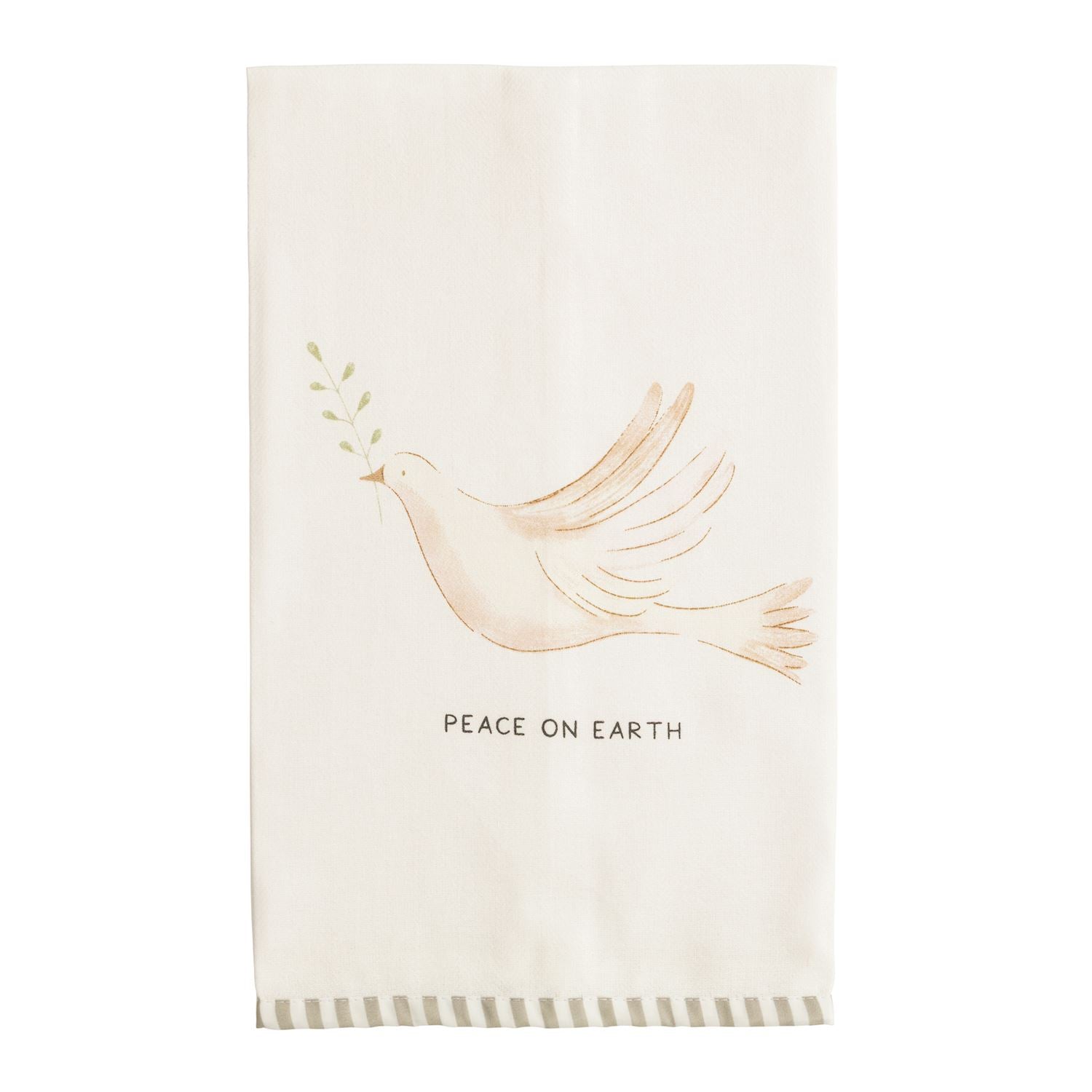 Peace on Earth Dove Stripe Hem Hand Towel, An ivory hand towel printed with a pale blush dove carrying a green sprig, outlined in gold, with PEACE ON EARTH below it and a sage and cream striped hem.