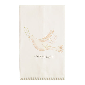 Peace on Earth Dove Stripe Hem Hand Towel, An ivory hand towel printed with a pale blush dove carrying a green sprig, outlined in gold, with PEACE ON EARTH below it and a sage and cream striped hem.