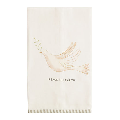 Peace on Earth Dove Stripe Hem Hand Towel, An ivory hand towel printed with a pale blush dove carrying a green sprig, outlined in gold, with PEACE ON EARTH below it and a sage and cream striped hem.