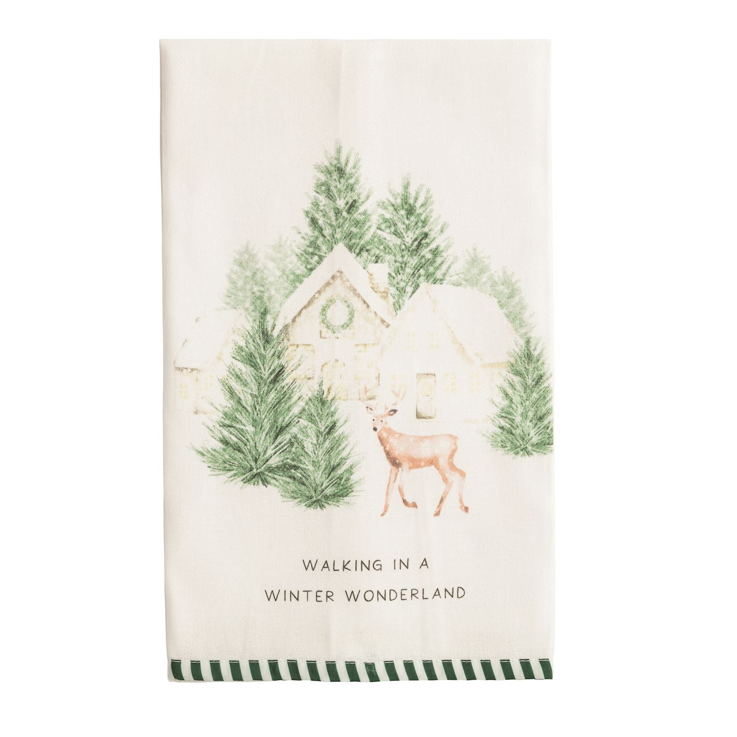 Winter Wonderland House Cotton Hand Towel, A cream cotton towel printed with a snowy house, evergreen trees and a deer above the words Walking In A Winter Wonderland, with a green and white striped hem.