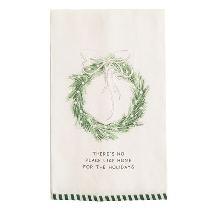 No Place Like Home Wreath Hand Towel, A white cotton towel printed with a green pine wreath and pale bow above the words there is no place like home for the holidays, with a green and white striped hem.