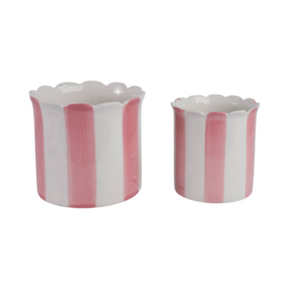Planters Set of 2 - Pink Ceramic Striped Scallop, 6/8 in.