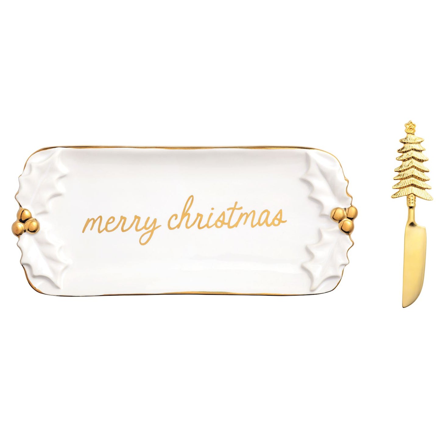 Gold Holly Butter Dish and Spreader Set, A white stoneware butter dish with sculpted holly leaves at each end, gold berries, a gold rim and merry christmas in gold script, shown with a gold spreader with a Christmas tree handle.